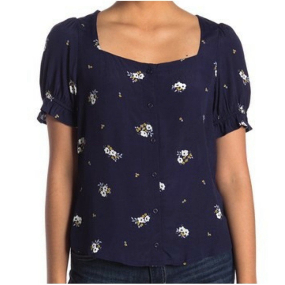 Elodie Navy Floral Puff Sleeve Blouse / NWT / Size XS / Sold At Anthropologie